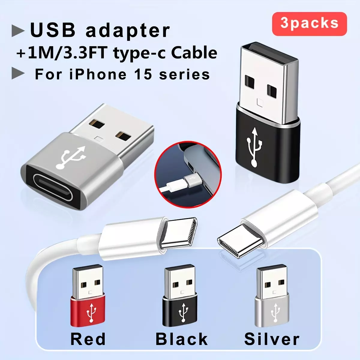 (3pack/2packs) USB C Female To USB A Male Adapter, Type C To USB A Charger Cable Converter With 3.3FT USB C To USB C Fast Charging Data Sync Cable For IPhone 15/15 Plus/15 Pro/15 Pro Max, IPad Pro/Air/Mini