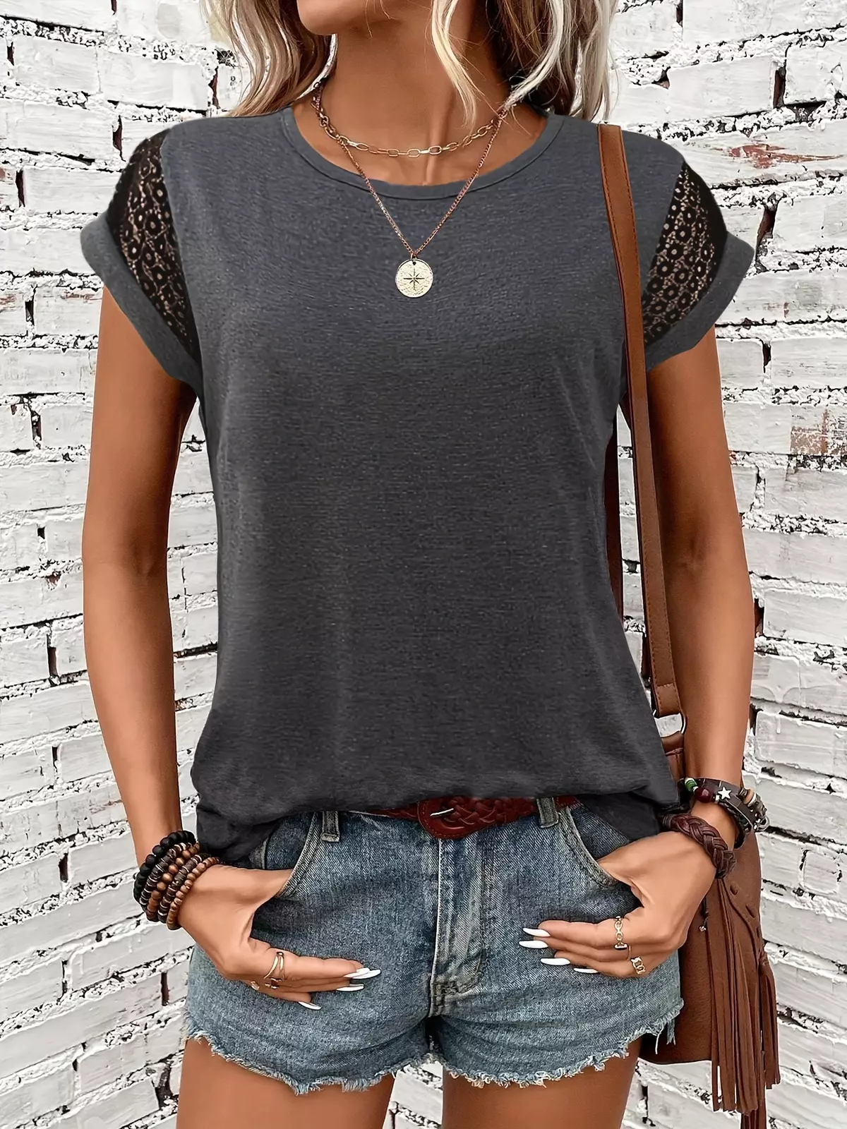 Contrast Lace Crew Neck T-shirt, Casual Short Sleeve Top For Spring & Summer, Women's Clothing