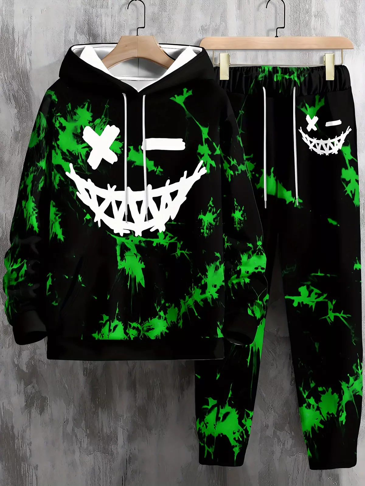 Men's Smile Face 3D Print Fashion Novelty Pajamas Loungewear Set, Hoodie And Sweatpants Set, Long Sleeve Sweatshirts Jogger Pant 2 Piece Outfits For Men-Blue