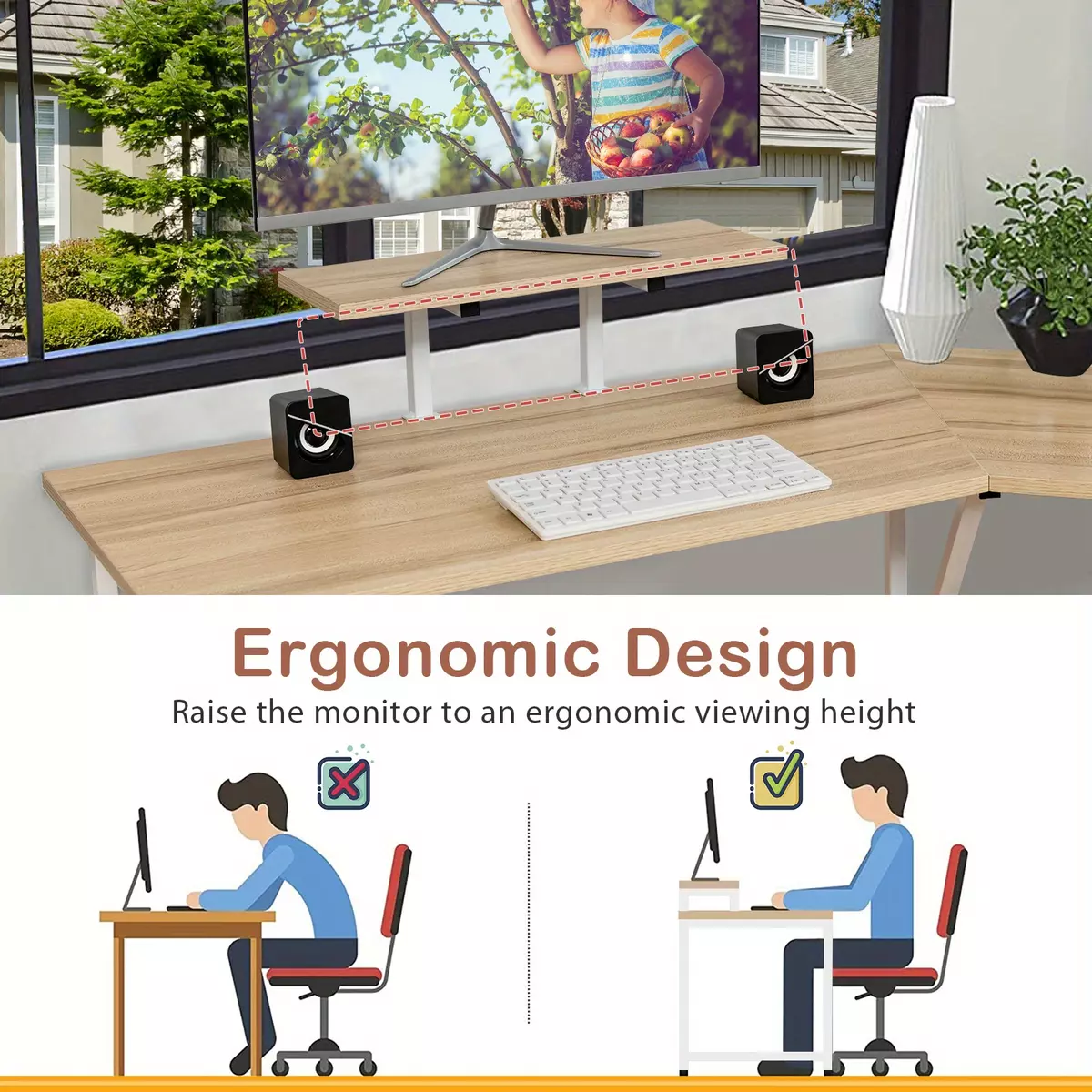 Costway 88.5" L Shaped Reversible Computer Desk 2 Person Long Table Monitor Stand Oak