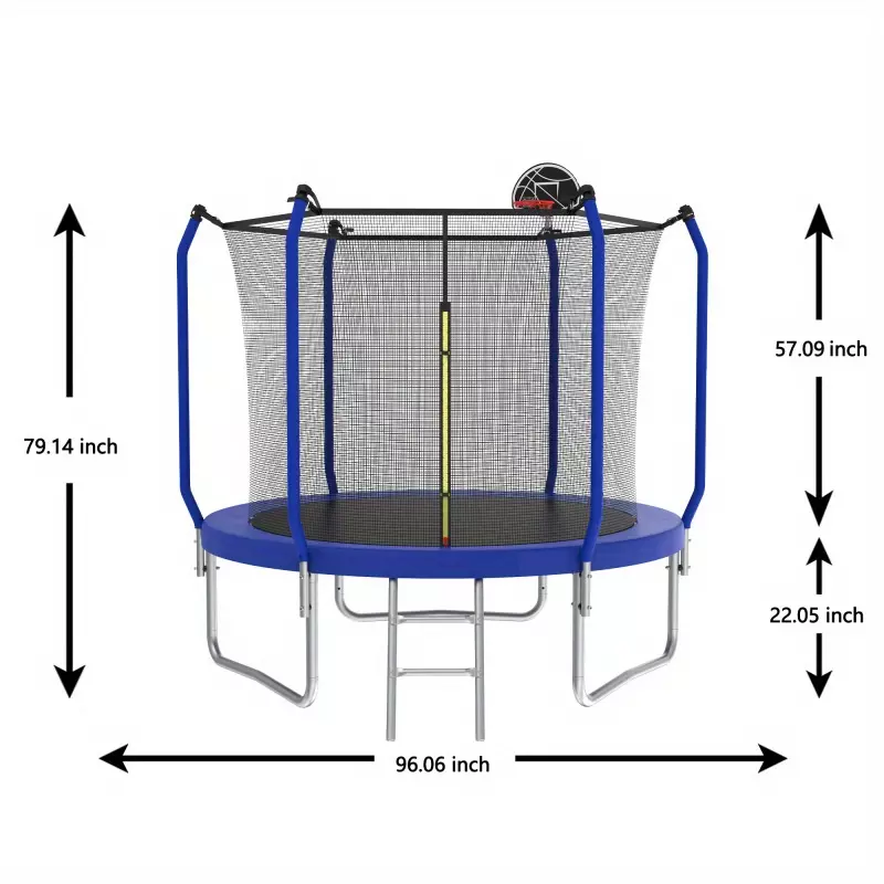 Trampoline, with basketball frame, reinforced outdoor trampoline approved by ASTM, with fence net 8 feet