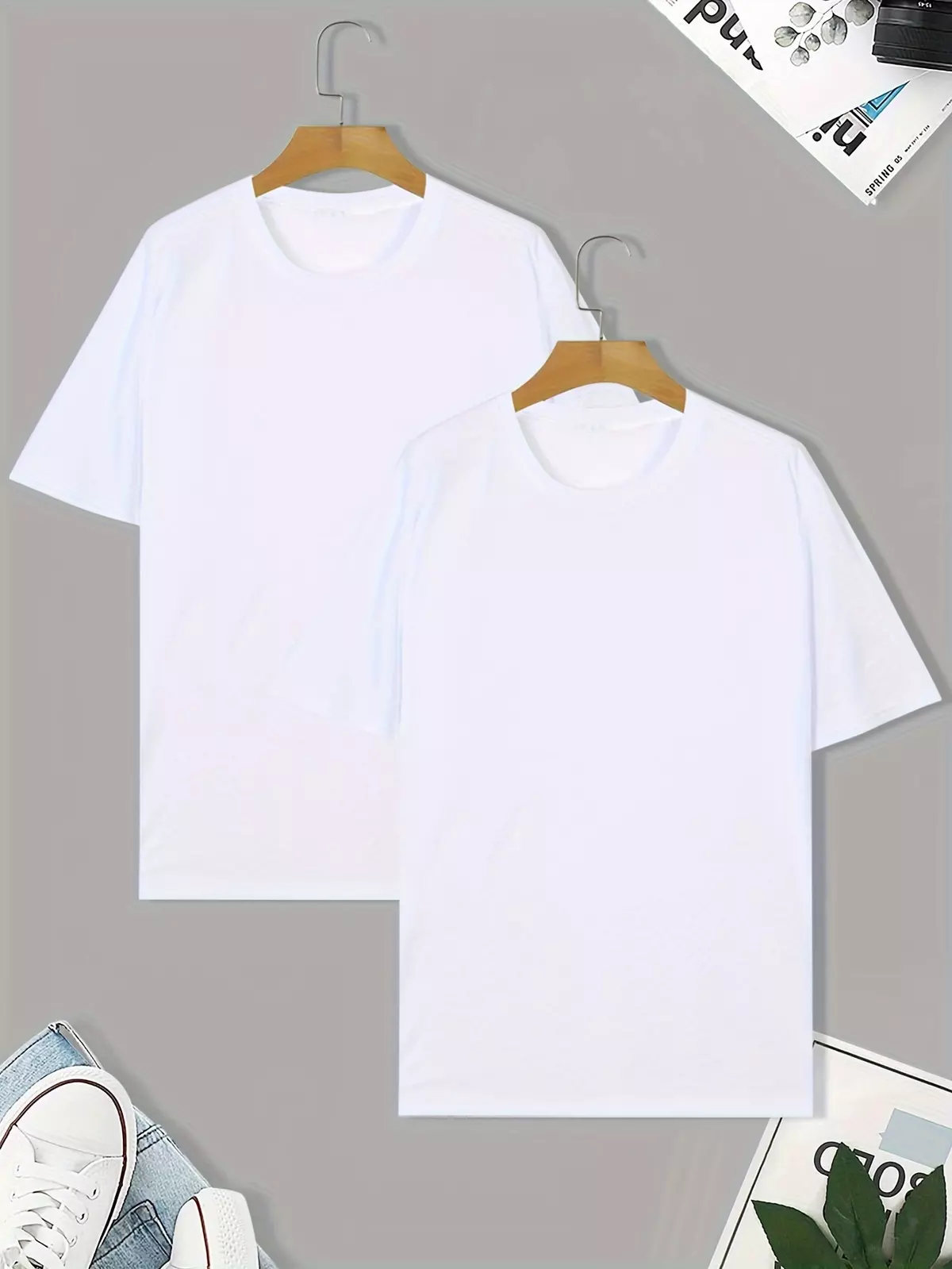 Plus Size Men's 2Pcs Solid T-shirts For Summer, Casual Trendy Short Sleeve Tees For Big & Tall Males-Red