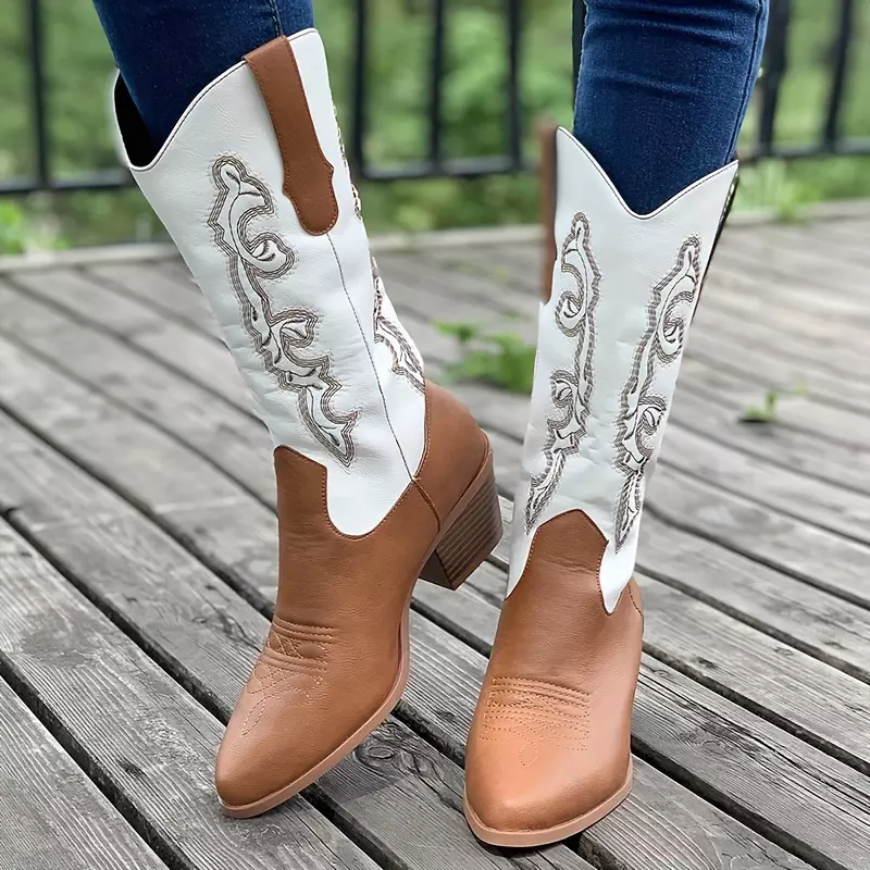 Women's Chunky Heeled Cowboy Boots, Embroidery Stacked Heeled Mid Calf Boots, V-cut Western Ridding Boots
