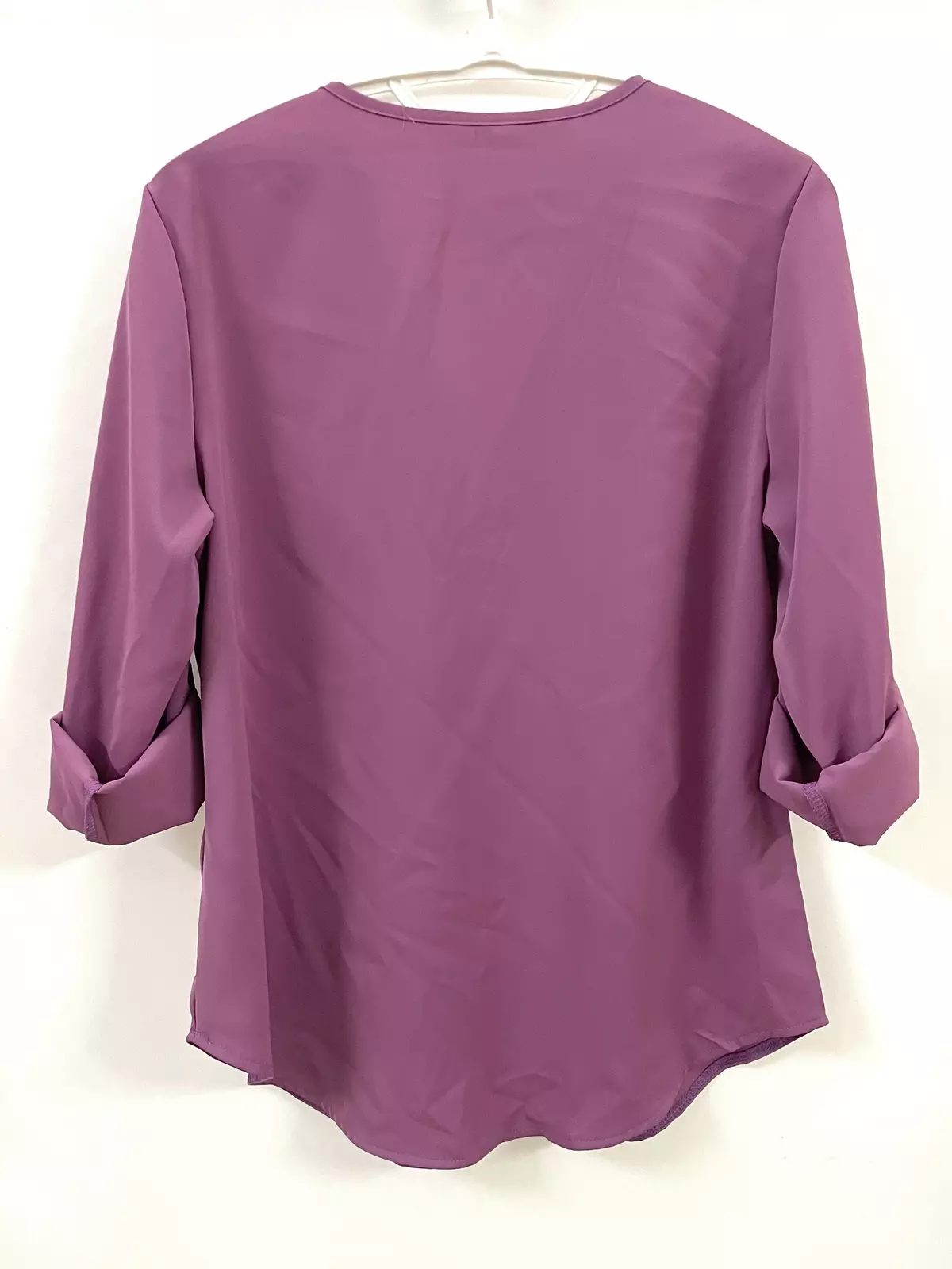 Solid V Neck Blouse, Casual Ruched Rollable Sleeve Half Zip Blouse, Women's Clothing-Burgundy