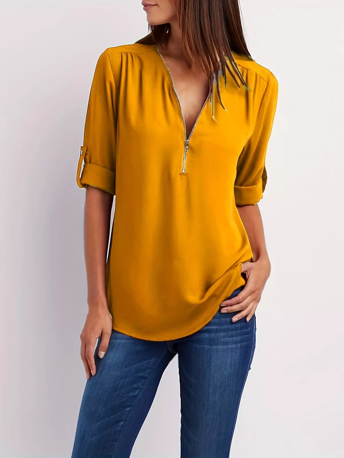 Solid V Neck Blouse, Casual Ruched Rollable Sleeve Half Zip Blouse, Women's Clothing-Army Green