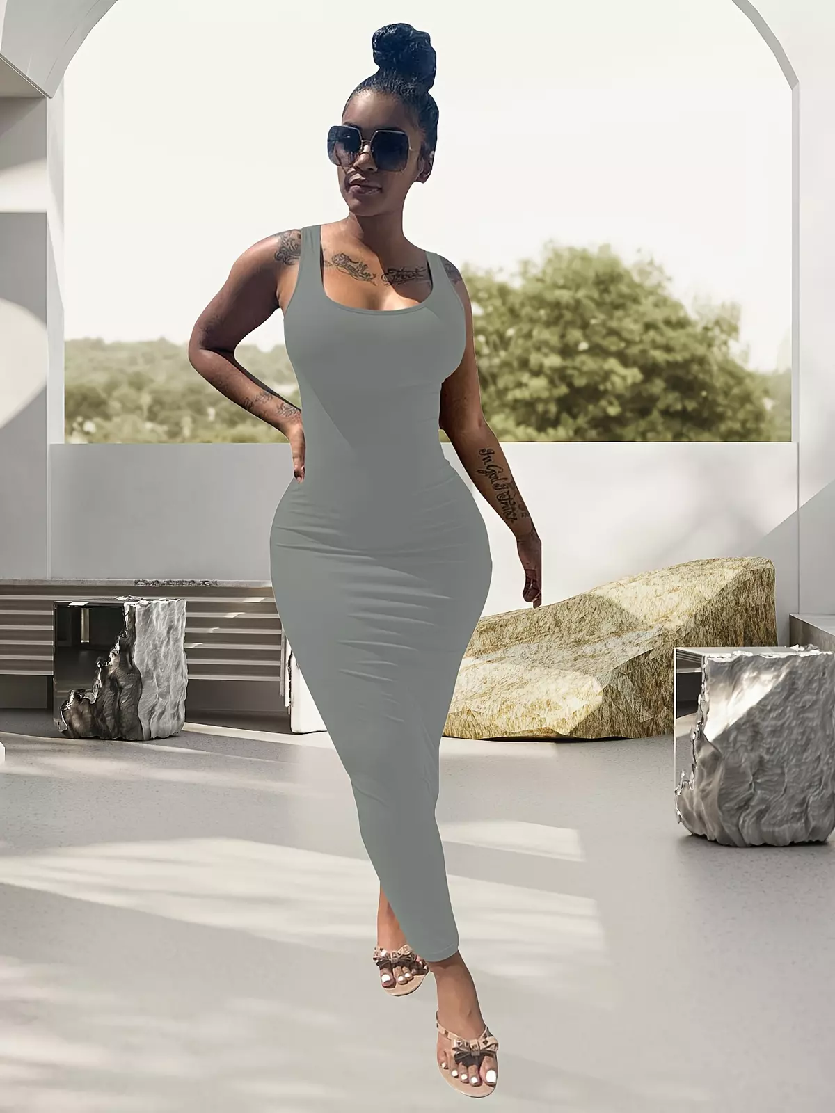 Solid Color Scoop Neck Tank Dress, Sexy Sleeveless Bodycon Maxi Dress For Party & Club, Women's Clothing-Black