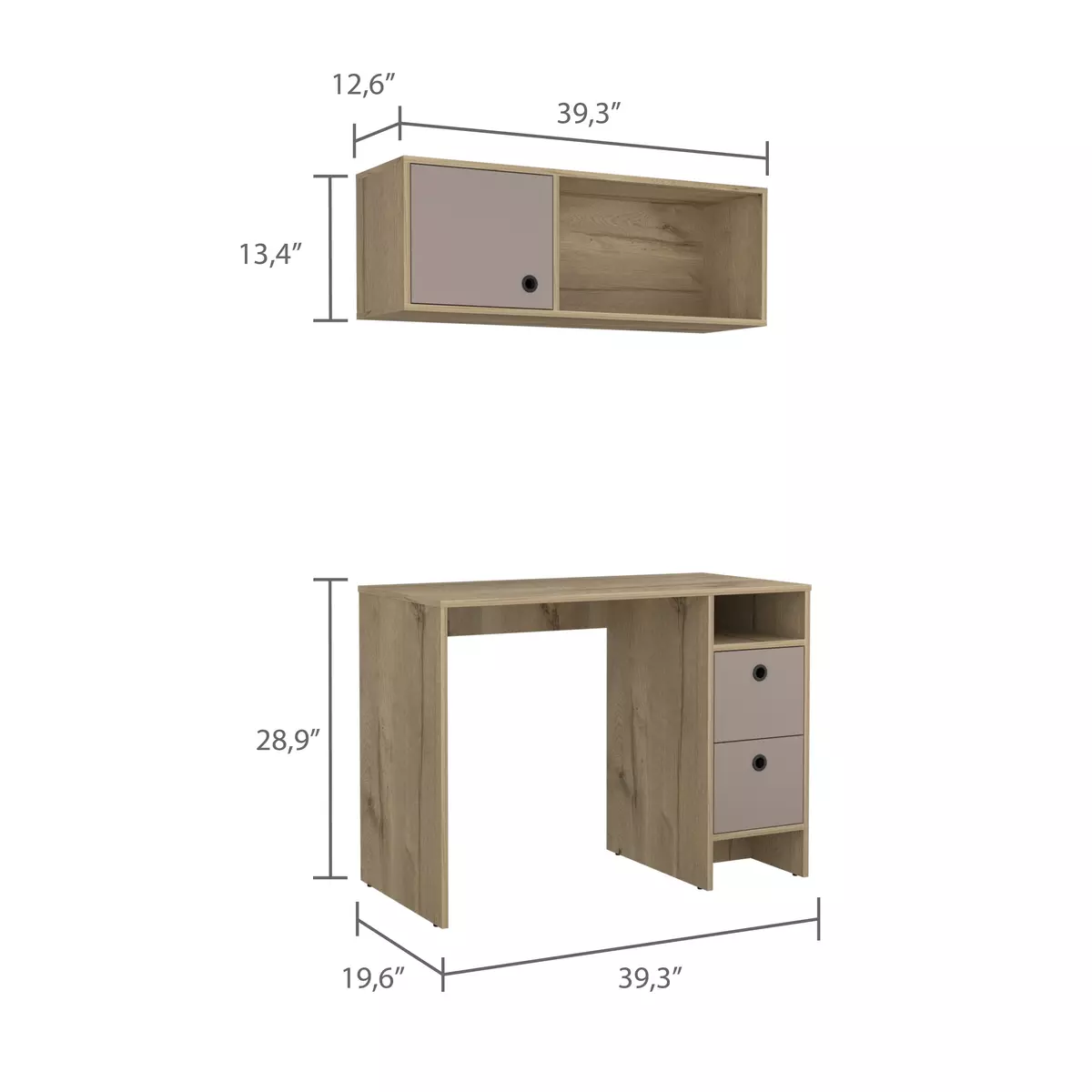 Eugene 2 Shelf 3 Drawer 2-Piece Office Set Light Oak and Taupe