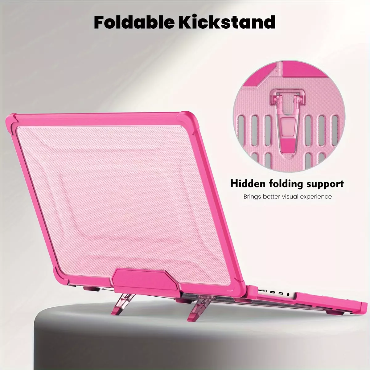 Case For MacBook Pro 14 Inch A2779 M2/ A2442 M1 2023/2022/2021, Shock-Absorbing Protection Case, Heavy Duty Hard Case Cover With Fold Kickstand-pink