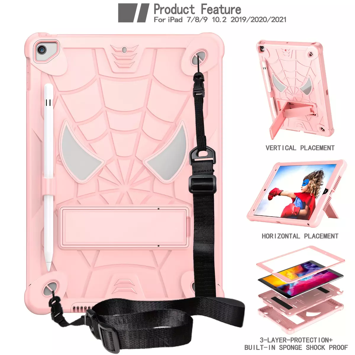 Suitable For IPad 7/8/9 Generation/10.2 Inch 2019/2020/2021 Tablet Protective Cover, Shockproof, Full Package Three-proof Protection Shell Silicone Sleeve, Shockproof, Wear-resistant, Anti-scratch-Raibow+RoseRed