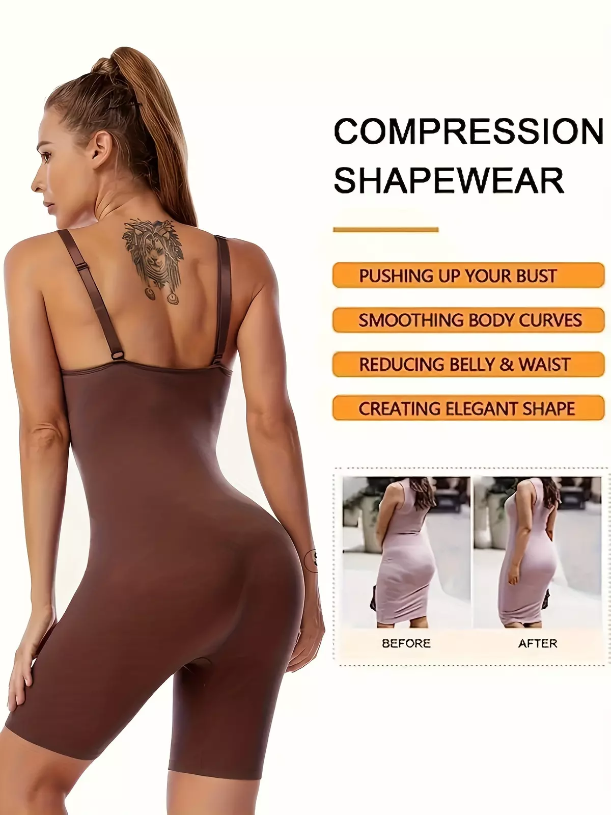 Seamless Solid Shaping Romper, Tummy Control Butt Lifting Slip Body Shaper, Women's Underwear & Shapewear-Coffee