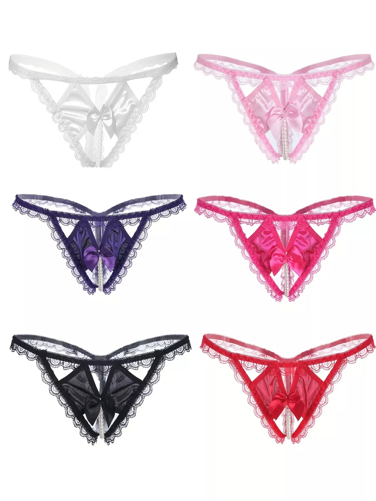 6 Pcs Bow Detail Lace Thongs, Faux Pearl Open Crotch Intimates Panties, Women's Sexy Lingerie & Underwear