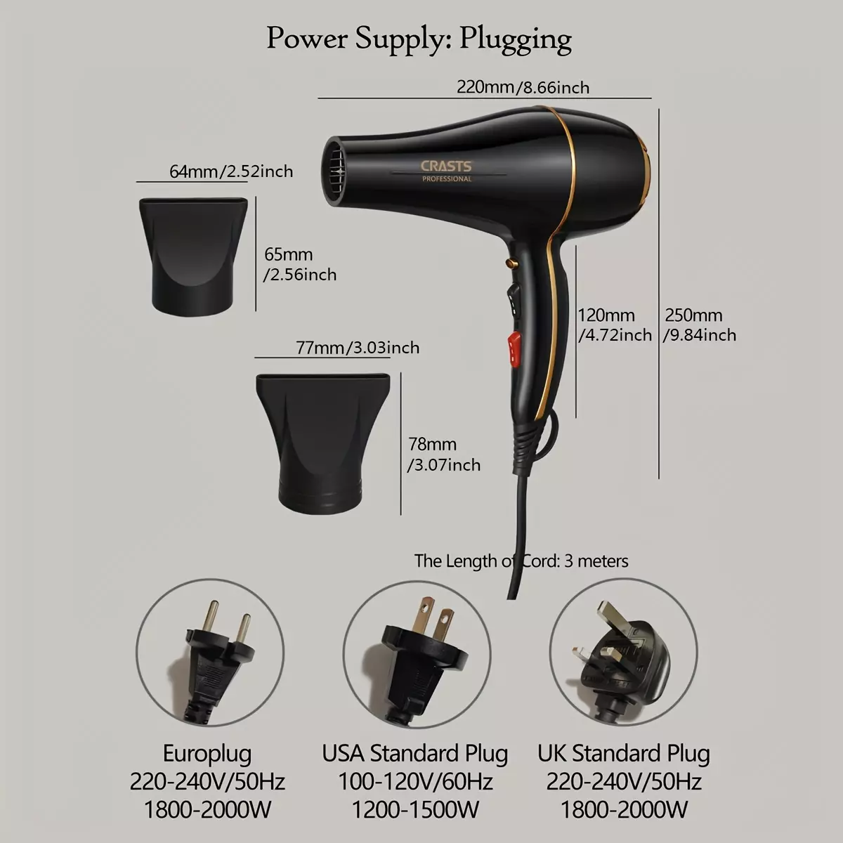 Hair Dryer, Professional Blow Dryer Fast Drying Hair Dryer, Stronge Wind Hair Dryer With Nozzle