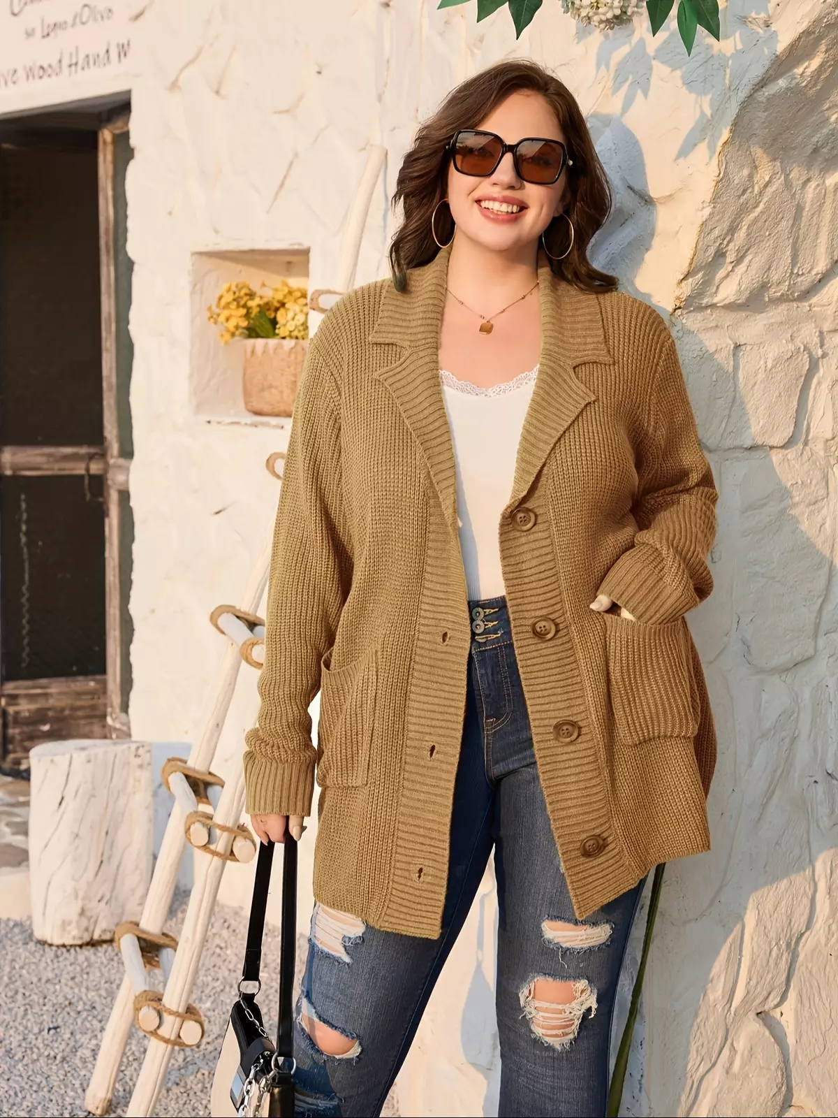 Plus Size Solid Cardigan Sweater, Casual Long Sleeve Lapel Collar Button Patched Pocket Cardigan Sweater, Women's Plus Size Clothing