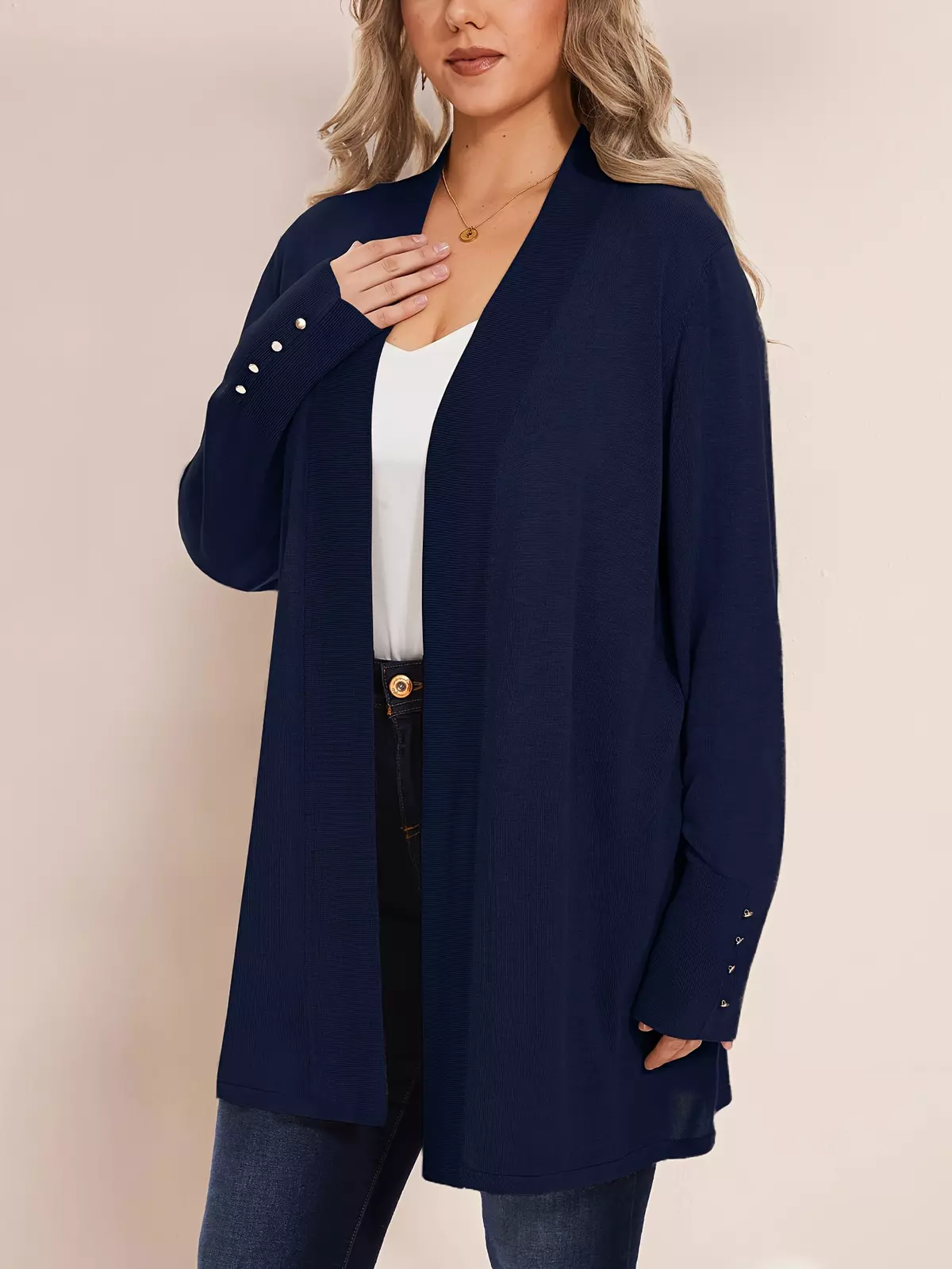 Women's solid Plus Size button decoration classic long sleeved open front cardigan-Navy Blue