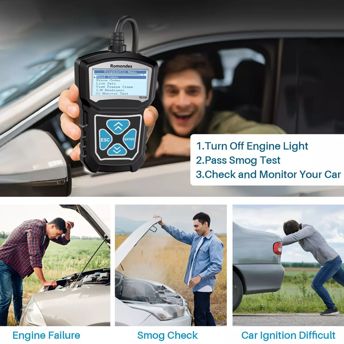 Romondes RD100 OBD2 Code Reader Scanner Auto Check Engine Fault Diagnostic Tool