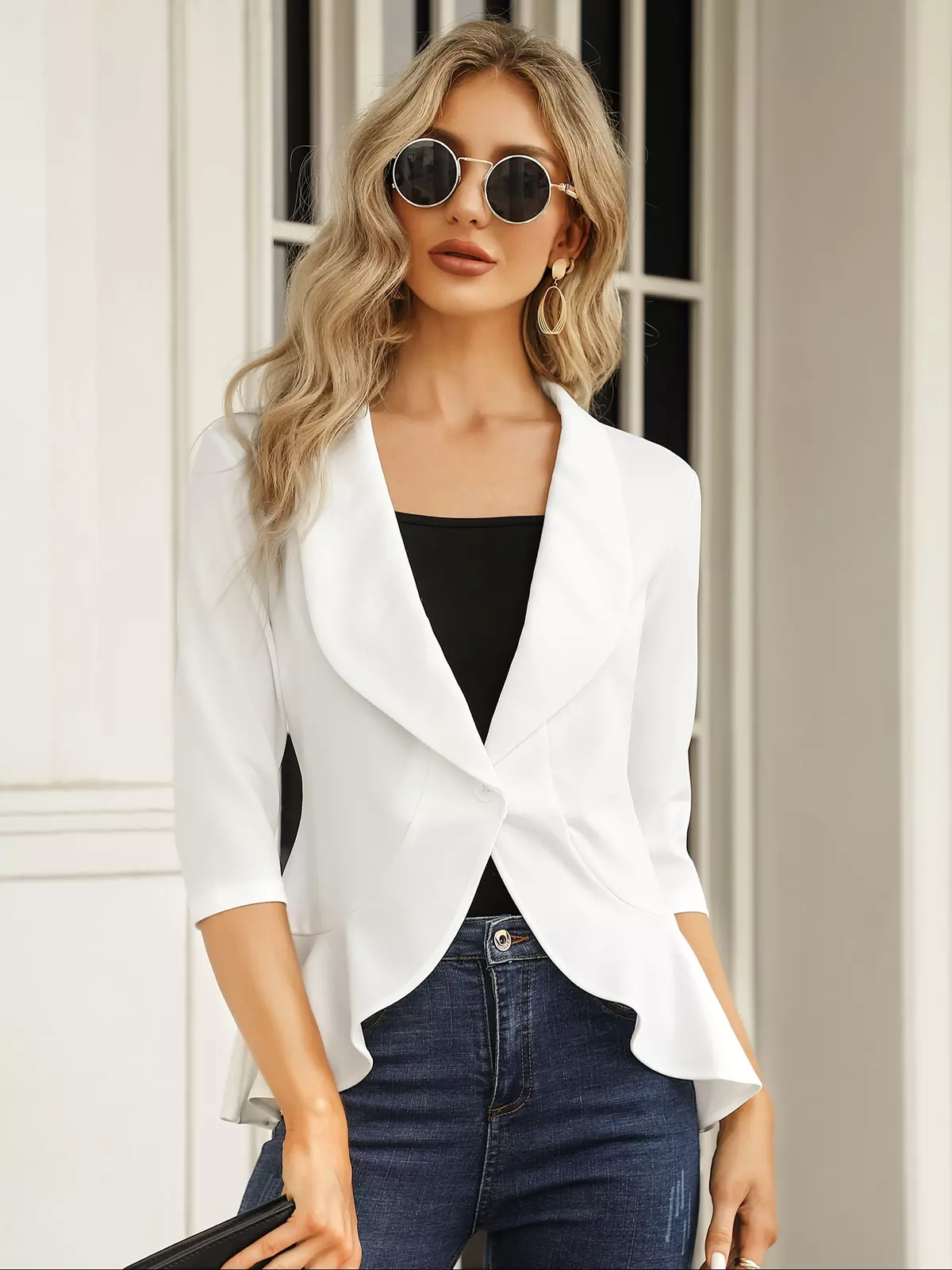 Womens Casual Blazer 3/4 Sleeve Open Front Ruffle Work Office Cardigan Suit Jacket-White