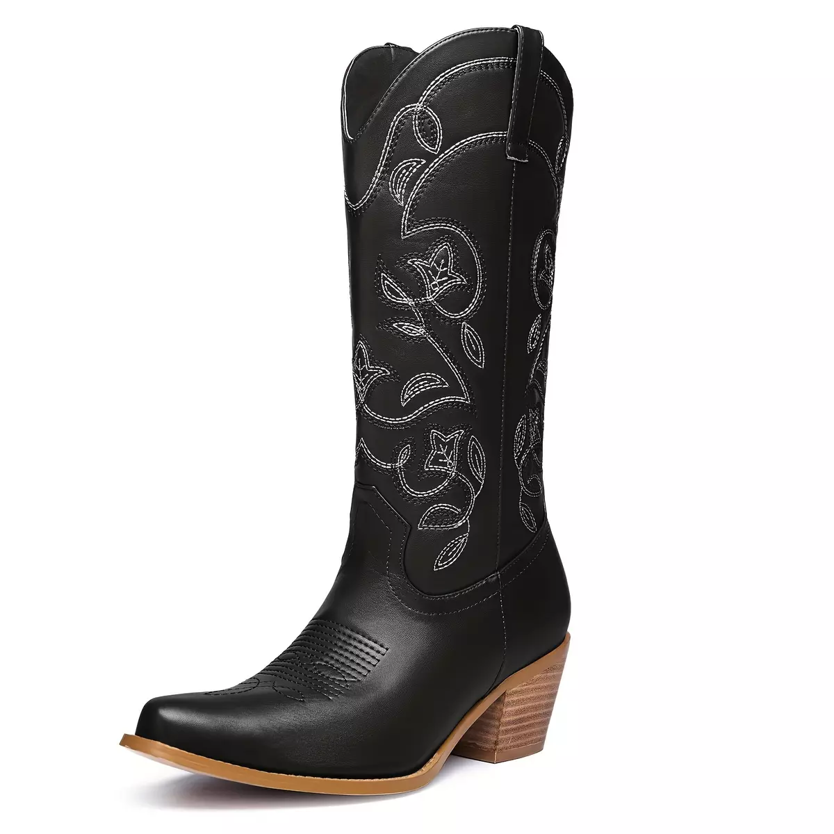 Women's Embroidered Cowboy Boots, Pointed Toe Chunky Heeled Mid Calf Western Boots, Casual Pull On Cowgirl Boots