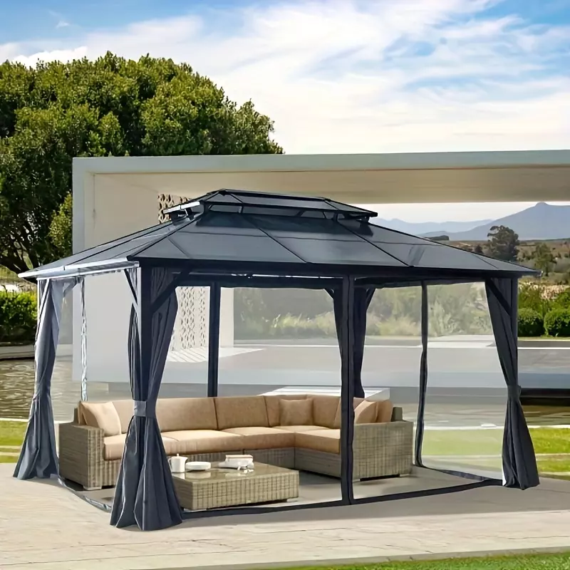 1pcs 10'x13 'hard top pavilion, outdoor polycarbonate double roof canopy, aluminum frame permanent pavilion, with curtains and mesh, garden umbrella, terrace, lawn