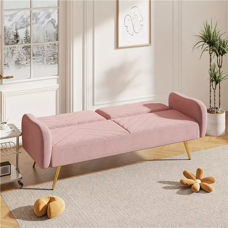 70.47 inch pink fabric love seat with split back and two throw pillows