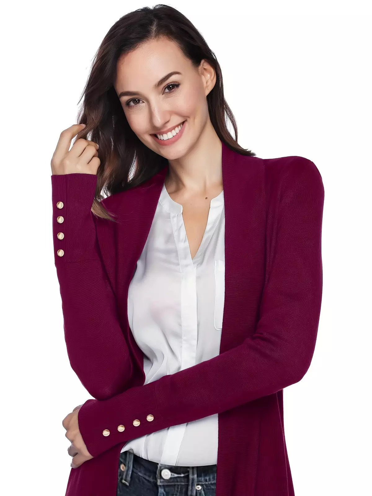 Button Detail Open Front Cardigan, Elegant Long Sleeve Solid Color Knit Cardigan For Spring & Fall, Women's Clothing-Red