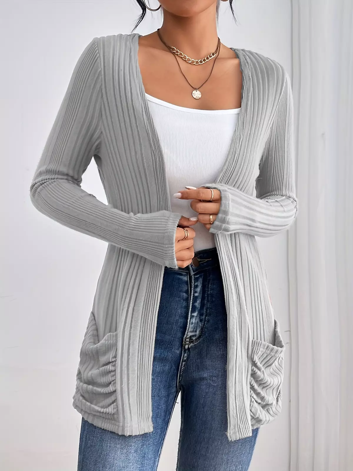 Chic Open-Front Cardigan - Cozy Rib Knit, Slim Fit with Pockets - Versatile Fashion for Women-Burgundy
