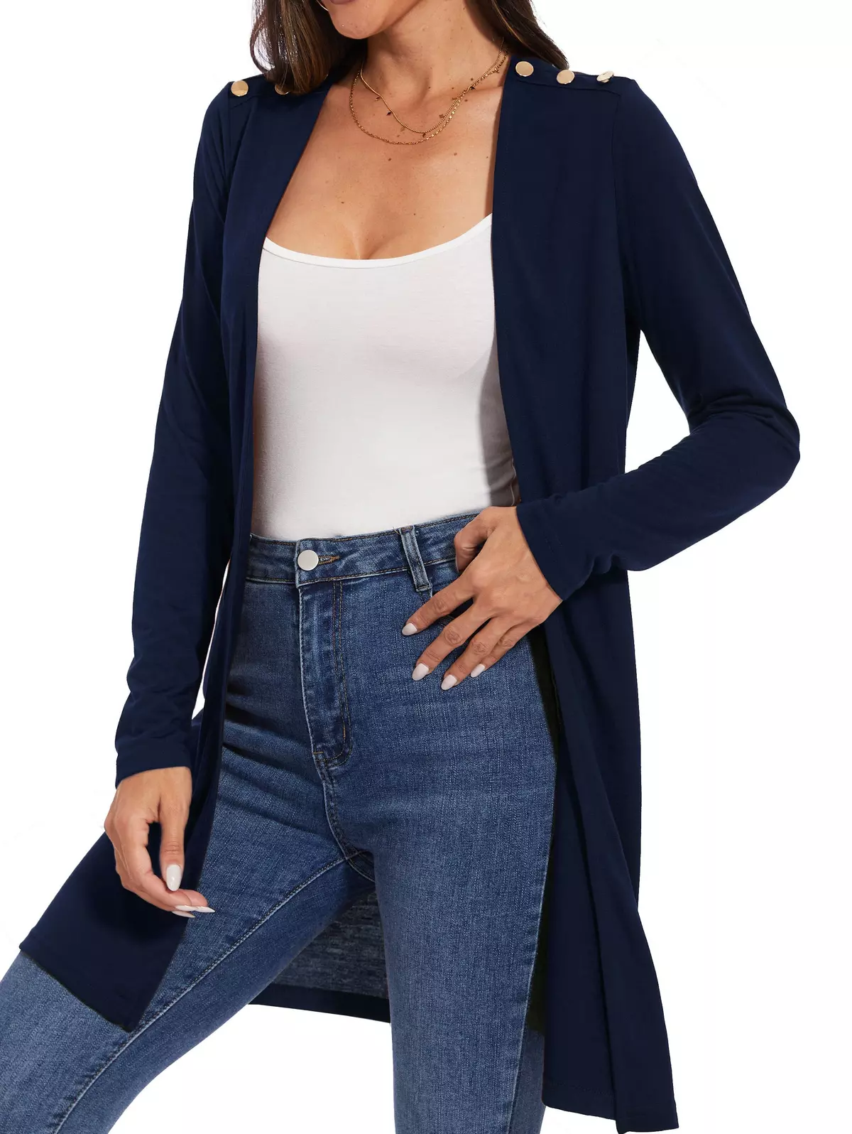 Solid Color Open Front Cardigan, Casual Button Shoulder Long Sleeve Lightweight Cardigan For Spring & Summer, Women's Clothing-Black