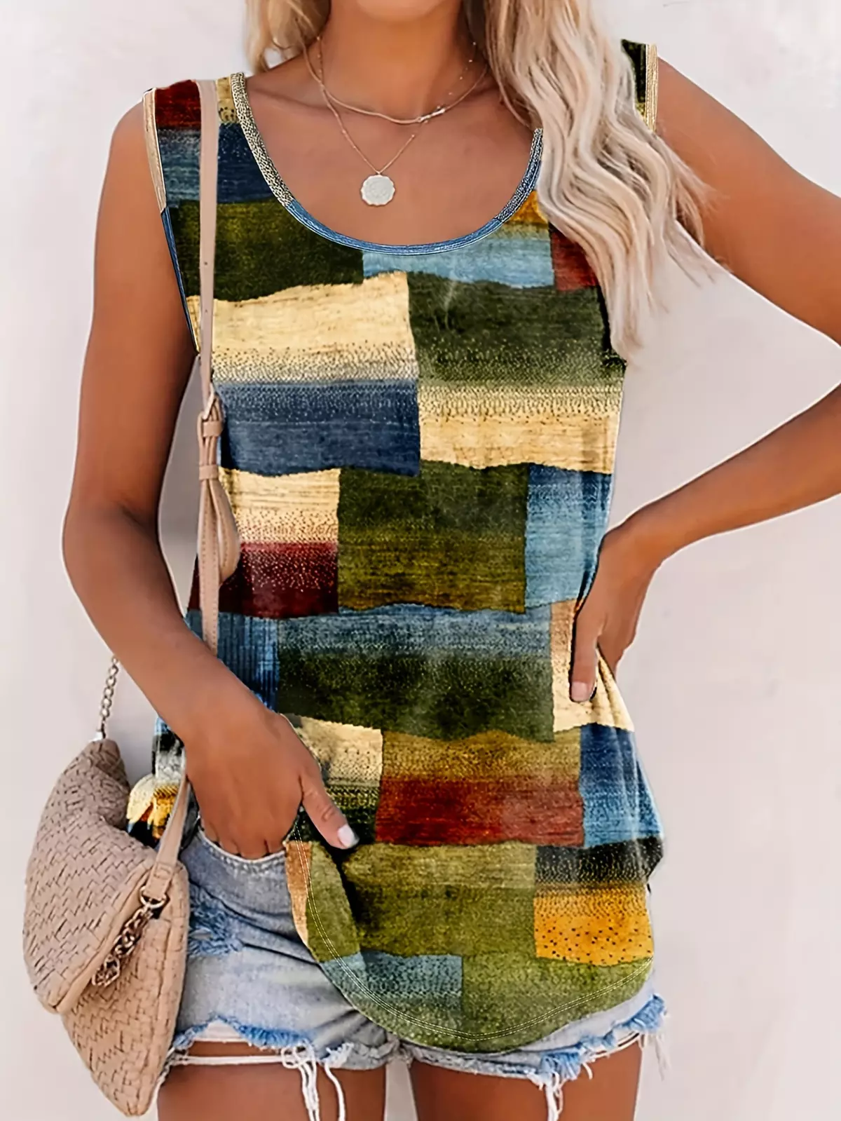 Geo Print Crew Neck Tank Top, Versatile Sleeveless Loose Tank Top For Summer, Women's Clothing