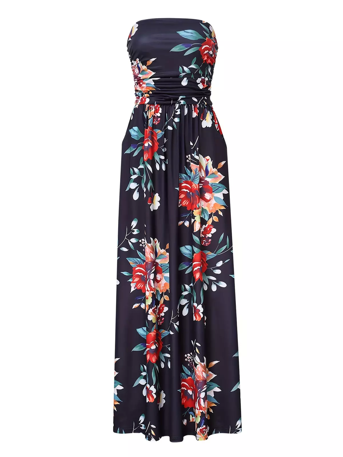 Women's Summer Bohemian Floral Printed Strapless Beach Party Long Maxi Dress-Sea Blue