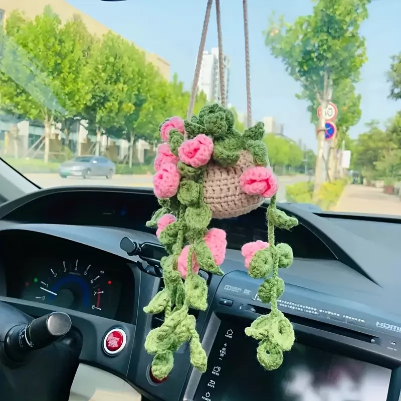 Cute Plant Crochet Rearview Mirror Accessories, Handmade Car Mirror Hanging Accessories, Rearview Mirror Accessories Cars For Women Men