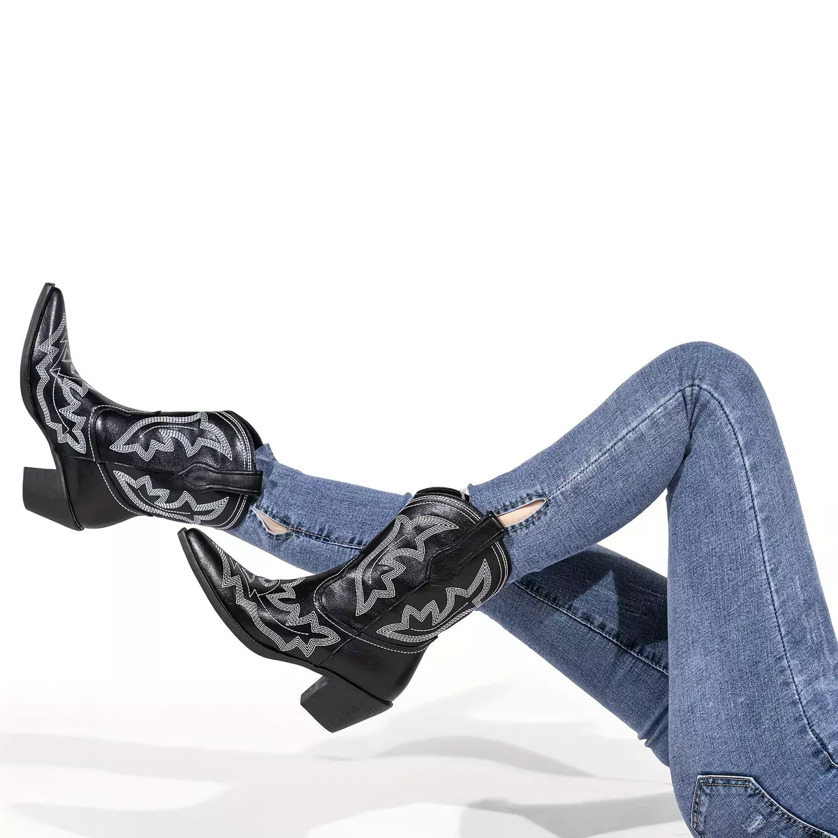 Women's Chunky Heel Short Boots, Casual Point Toe Cowboy Boots, Fashion Slip On Ankle Boots