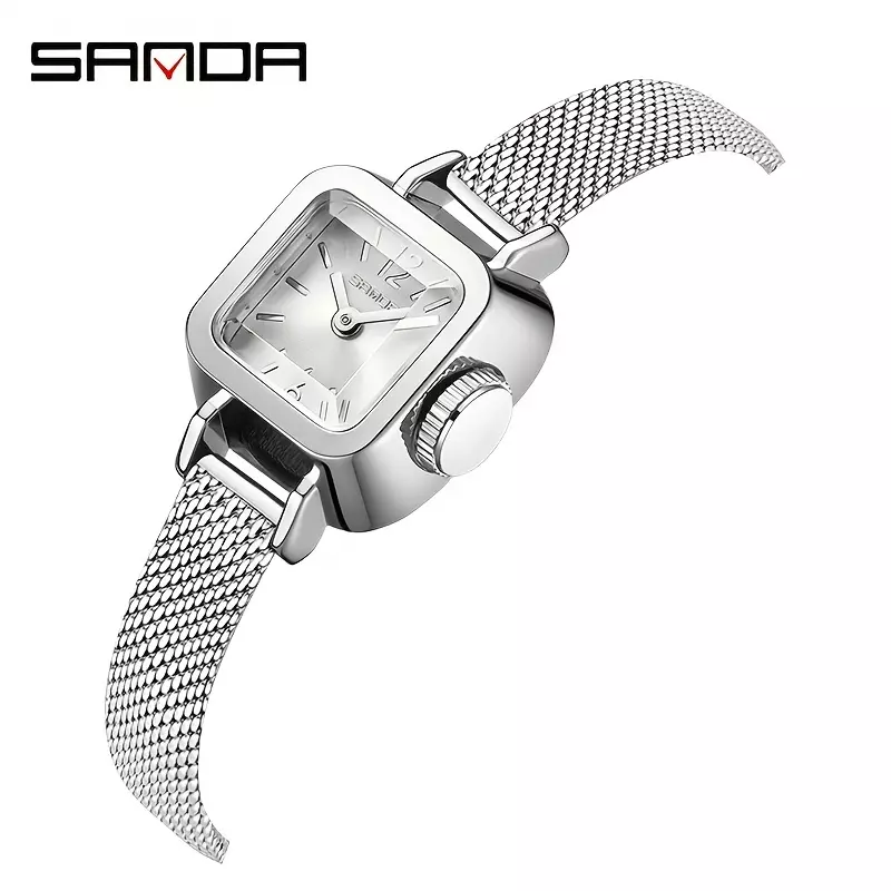 SANDA Women's Dial Cutting Watch Casual Square Pointer Quartz Watch Analog WR Stainless Steel Wrist Watch 1117-Silver M