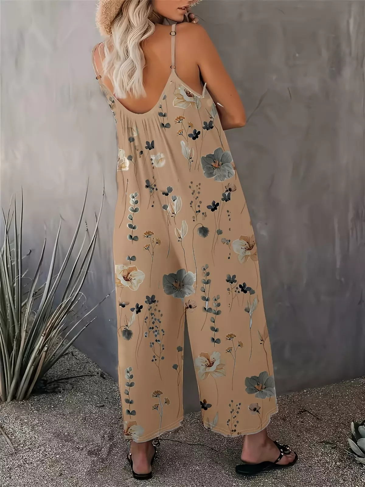 Plus Size Floral Print Slip Jumpsuit, Casual Sleeveless Pocket Jumpsuit, Women's Plus Size Clothing-Sky Blue