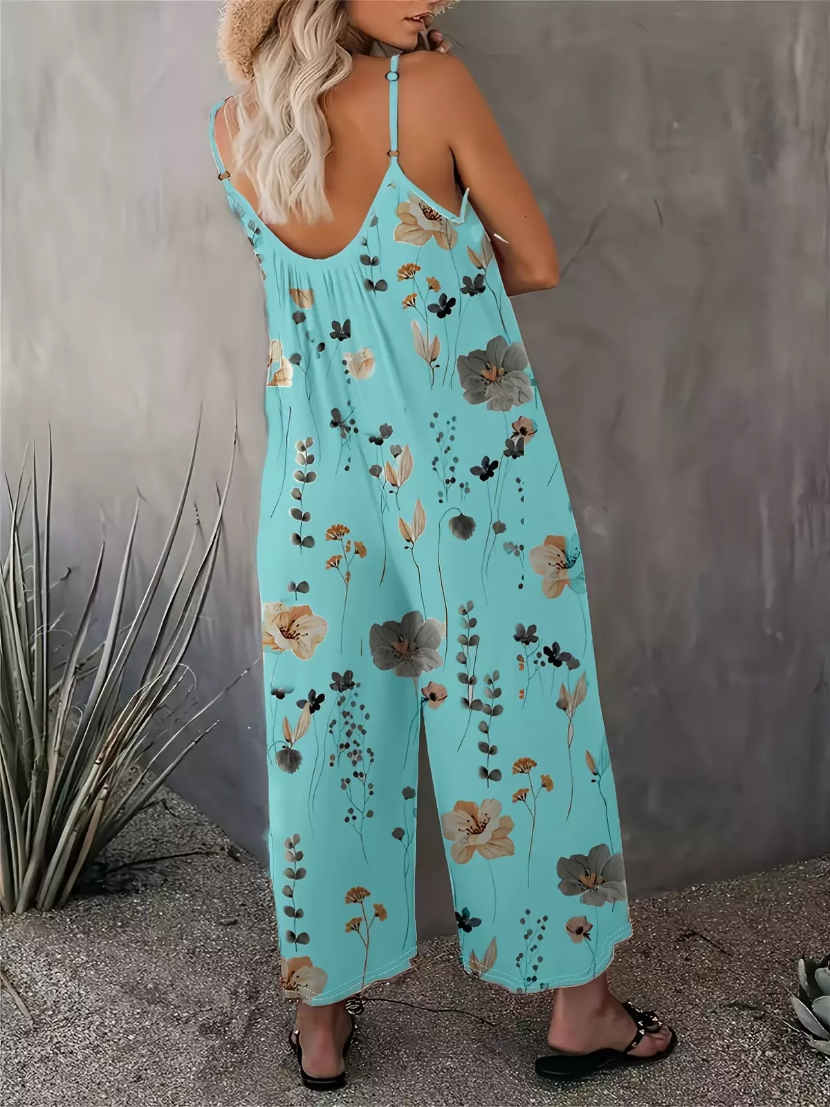 Plus Size Floral Print Slip Jumpsuit, Casual Sleeveless Pocket Jumpsuit, Women's Plus Size Clothing-Red