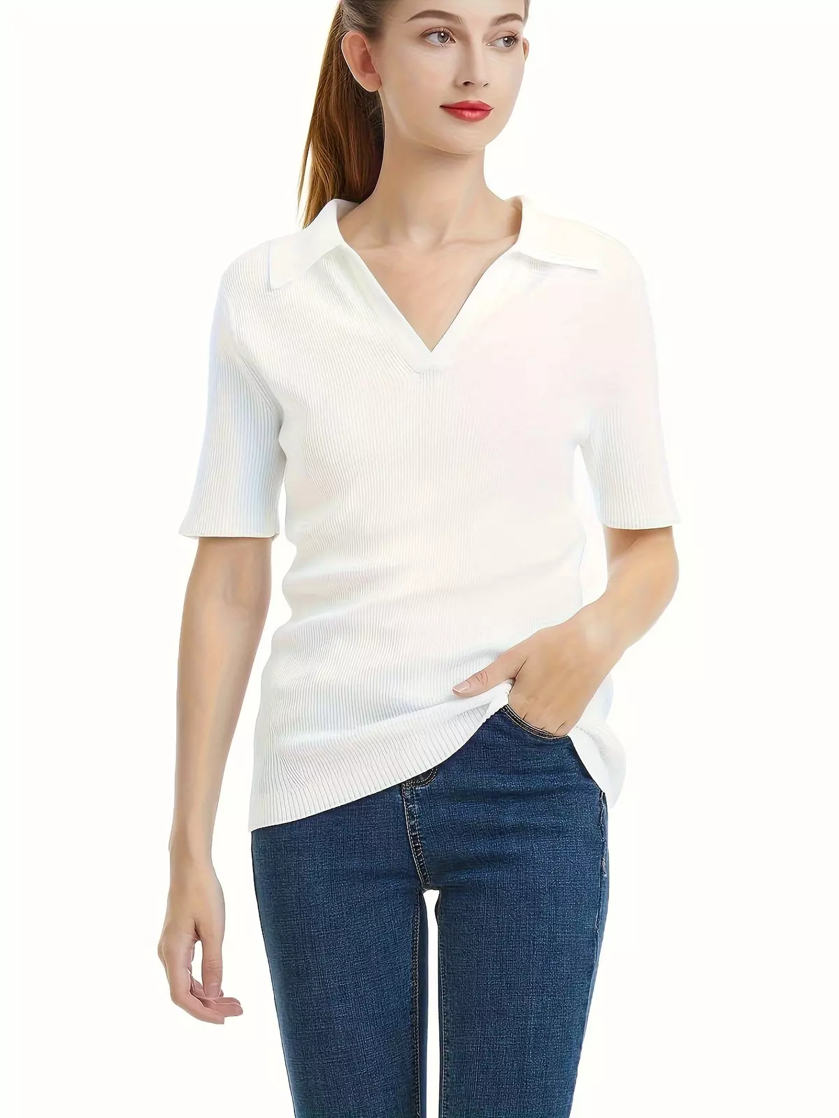 Womens Cotton Felt Ribbed V Neck Collared Knitted Versatile Crop Summer Spring Top Classy Lightweight Smart Casual Tee in White Offwhite Color