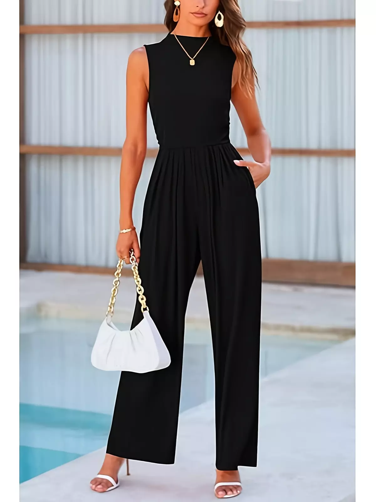Womens Summer One Piece Sleeveless Mock Neck Wide Leg Pants Rompers With Pockets