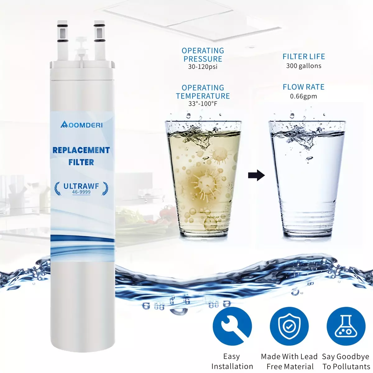 AOOMDERI Replacement for Frigidaire ULTRAWF, Ultra, Kenmore 9999, 469999, 46-9999, A0094E28261 Water and Ice, Replace every 300 gallons or 6 months(2Pack)