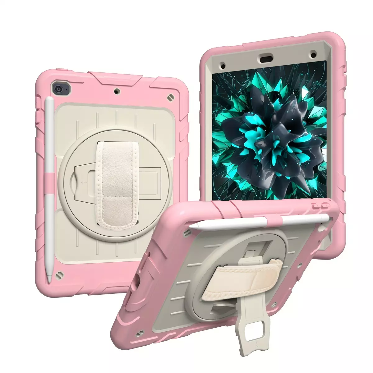 The for iPad protective set is suitable for For iPad mini6 8.3-inch 2021, military-grade silicone, 360 ° turntable design, 8.3-inch upgrade military-grade shock-proof silicone is suitable for the for iPad mini6 scientific shock protective suite+handle+shoulder strap+rotating stent-powder +Rice white
