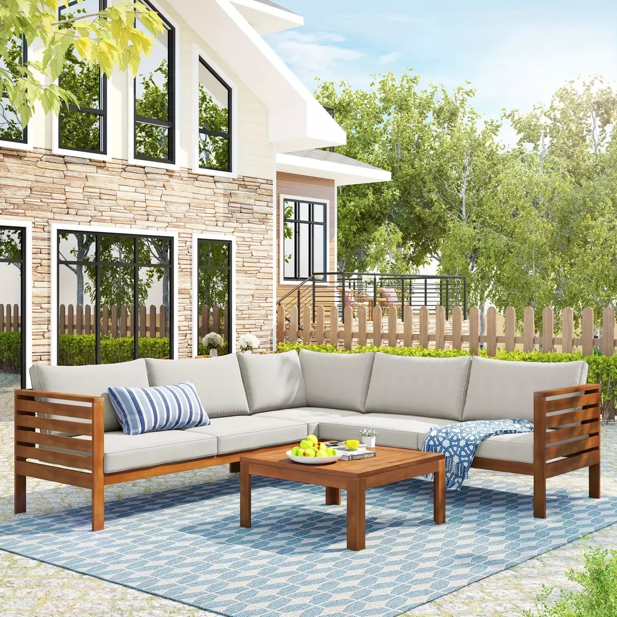 Outdoor sofa set with beige cushion, exotic design, waterproof and UV resistant texture, sturdy metal accessories