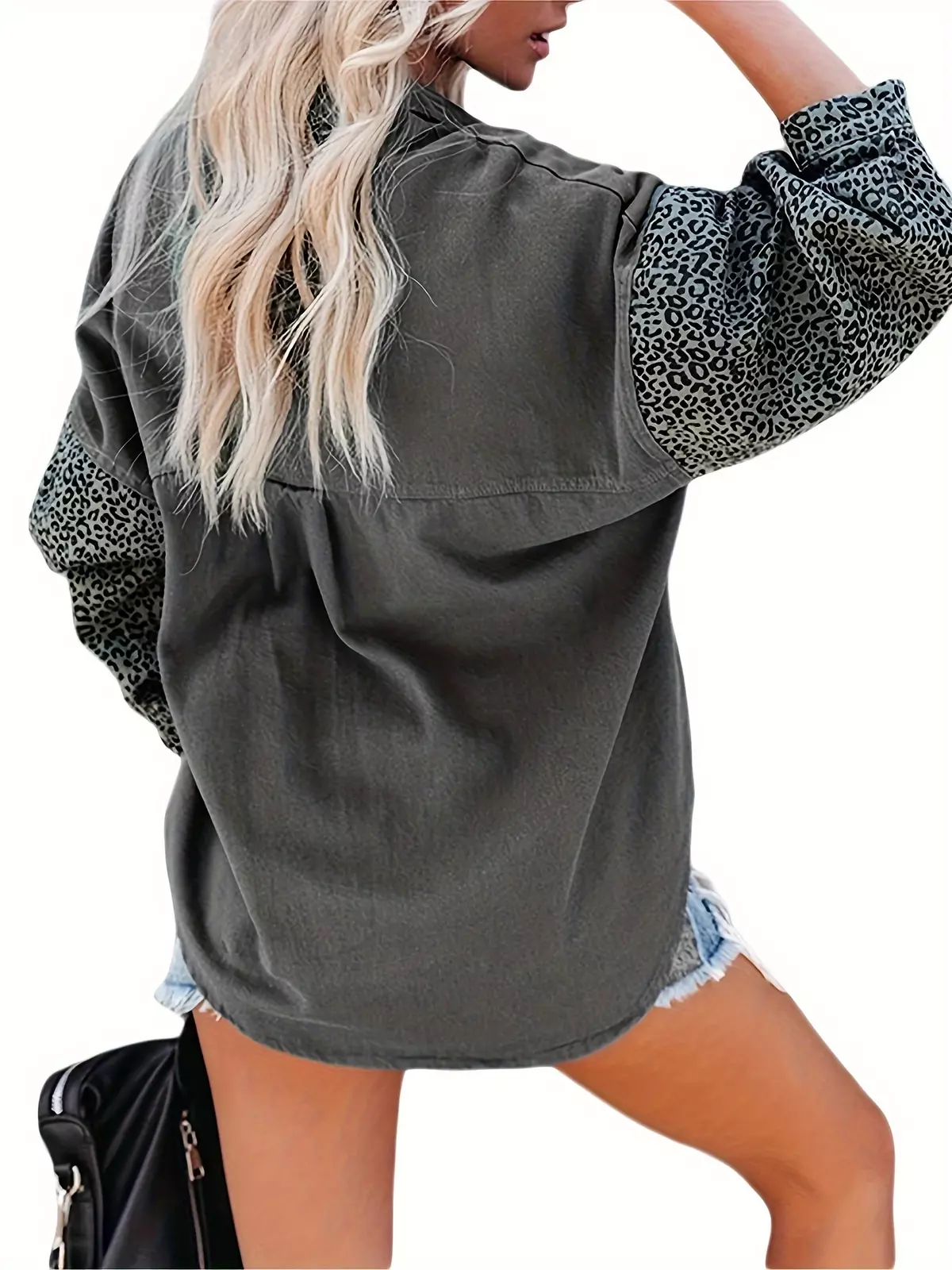 Women's Loose Denim Jackets, Long Sleeve Button Down Leopard Contrast Jean Jacket-grey