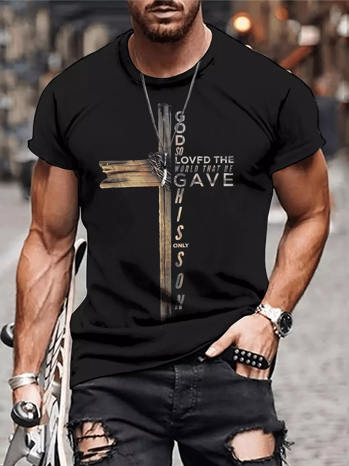 Men's Cross Print T-shirt, Casual Short Sleeve Crew Neck Tee, Men's Clothing For Outdoor