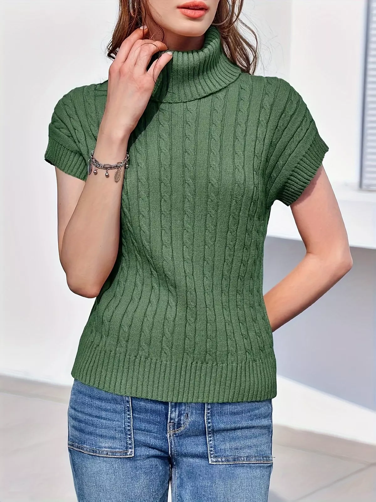 Womens Turtleneck Cable Knit Sweater Vest Sleeveless Pullover Sweaters Cap Sleeve Casual Tank Tops-Beige