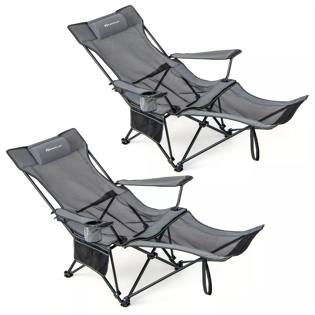 2PCS Folding Camping Chair w/ Detachable Footrest for Fishing, Camp, Picnics