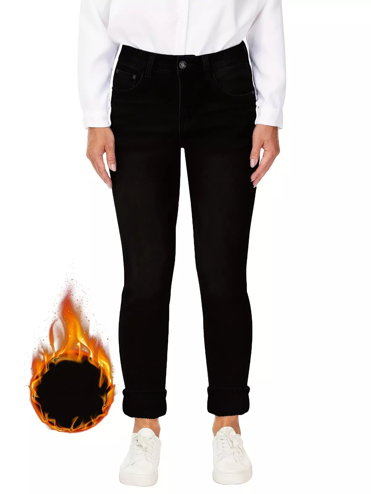 Plush Lined Versatile Skinny Jeans, Slim Fit Keep Warm Denim Trousers, Women's Denim Clothing