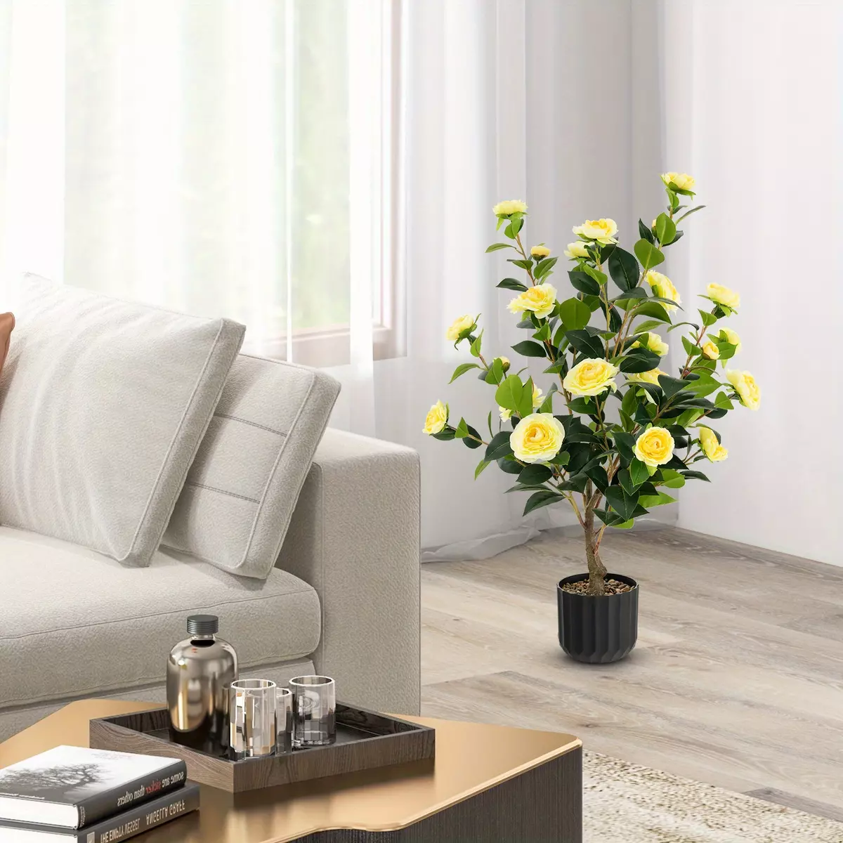 Goplus 2-Pack 38" Artificial Camellia Tree Faux Floral Plant for Decoration Yellow
