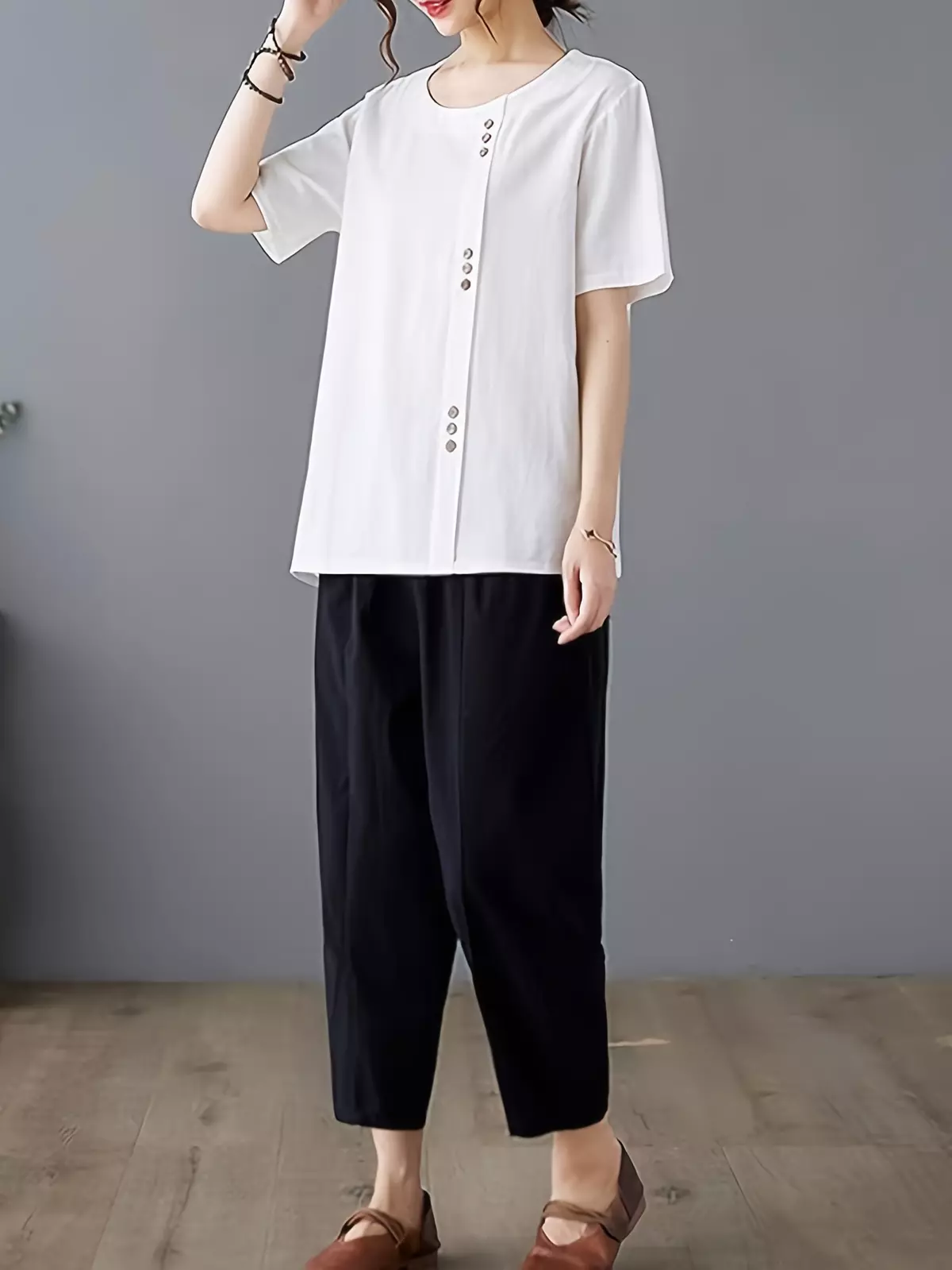 Solid Color Crew Neck Top, Casual Button Decor Short Sleeve Loose Daily Top, Women's Clothing-Coffee