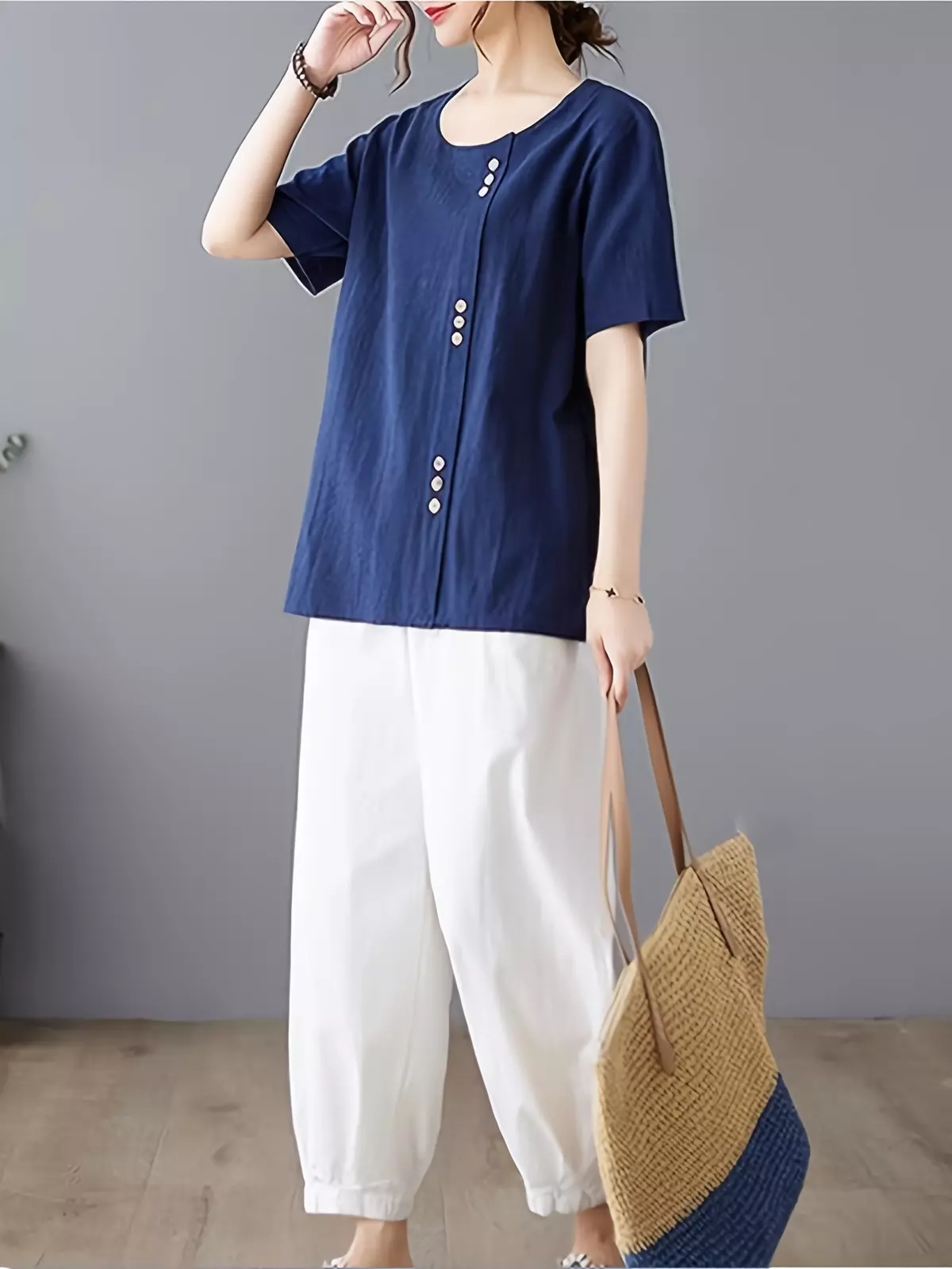 Solid Color Crew Neck Top, Casual Button Decor Short Sleeve Loose Daily Top, Women's Clothing-Beige