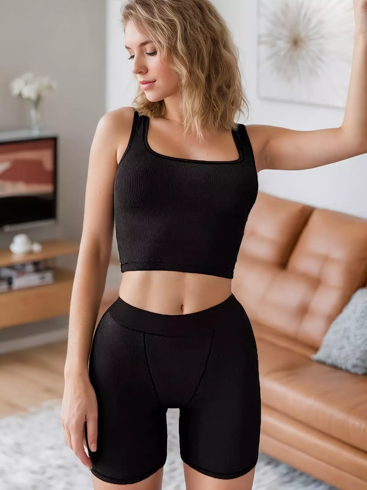 Casual Solid Color Sporty Two-piece, Sleeve Crop Tank Top & Biker Shorts Outfits, Women's Clothing-Light Grey