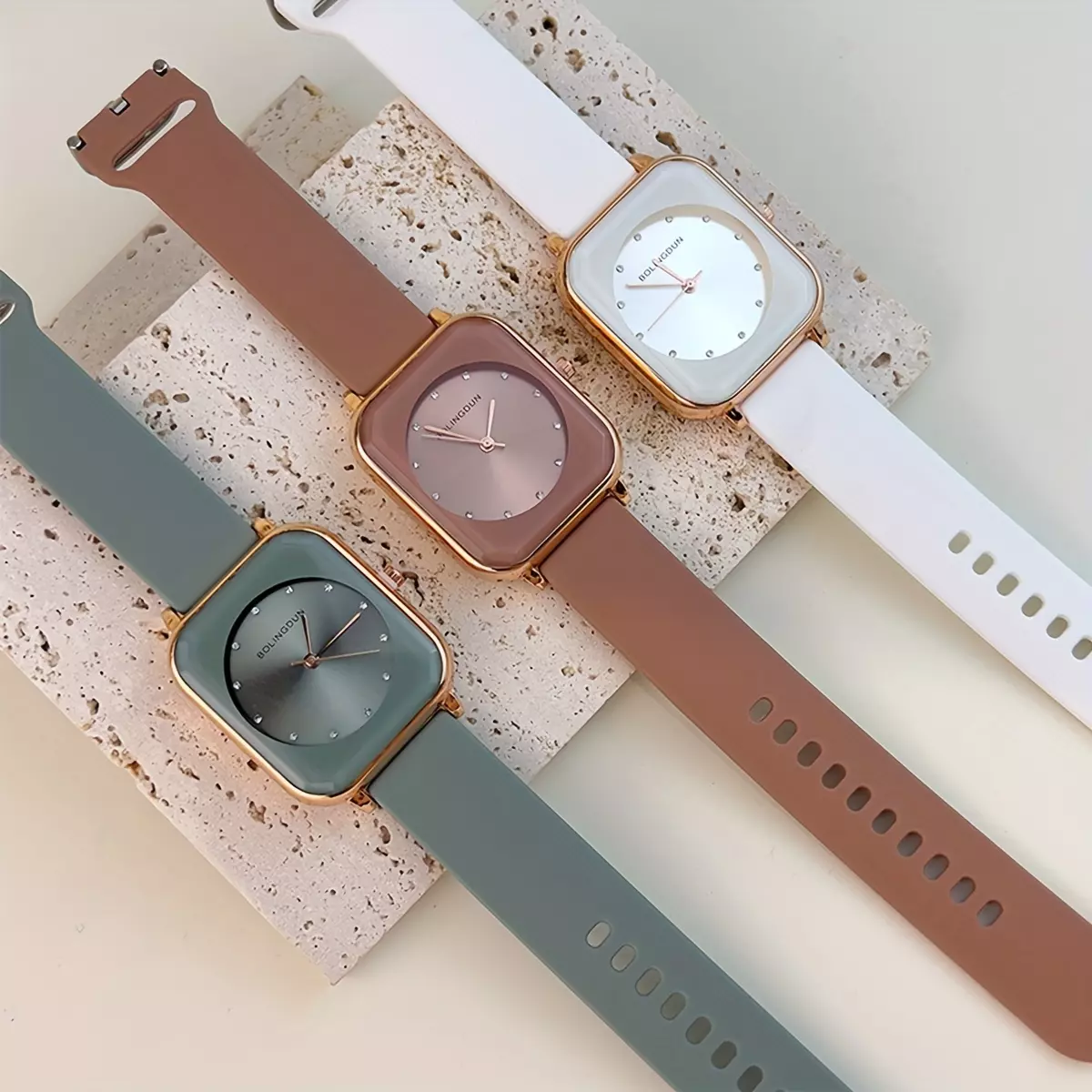 Women's Watch Casual Square Pointer Quartz Watch Vintage Macaroon Color Analog Silicone Wrist Watch-Rouge Pink