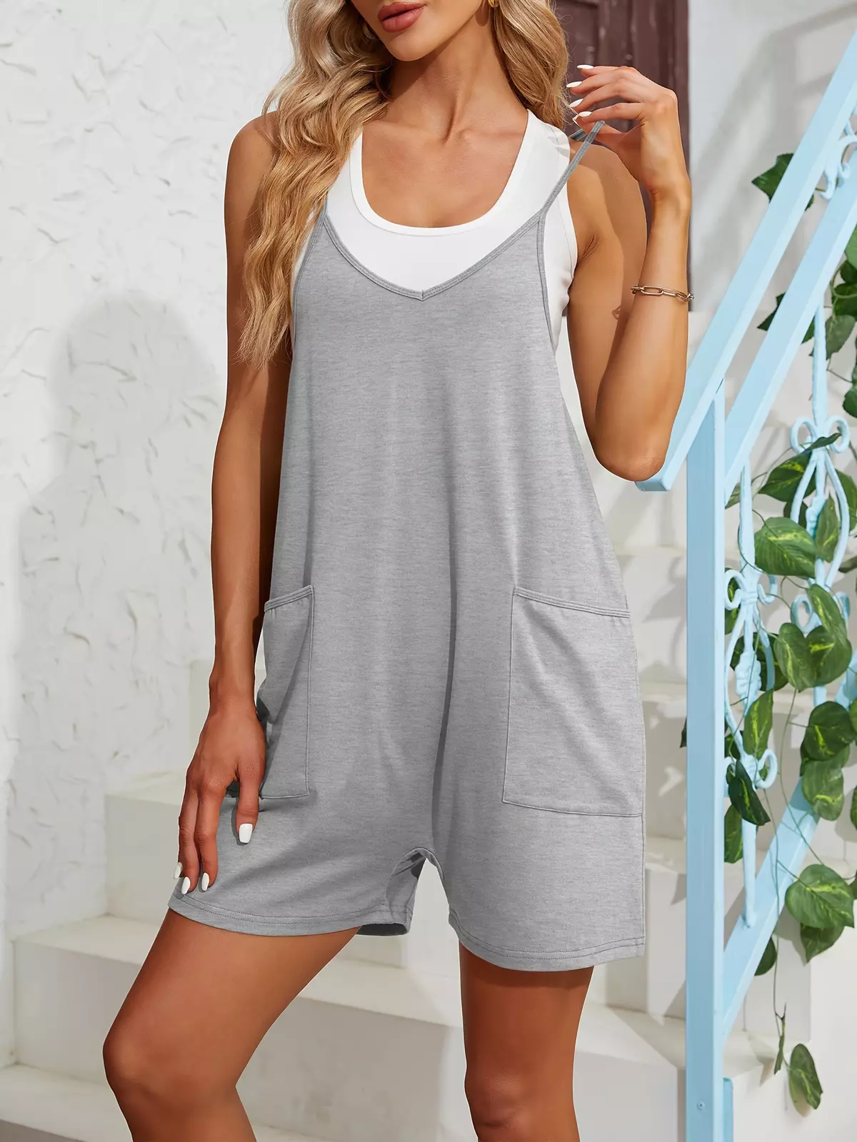 Women's Summer Casual Rompers Sleeveless Spaghetti Strap Short Jumpsuits Overalls With Pockets-Pink Color