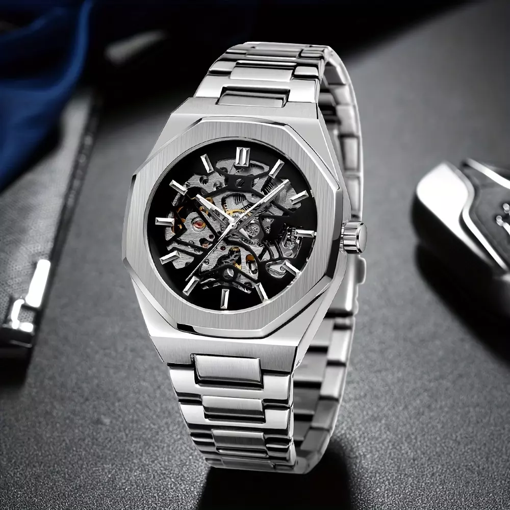Fashion Business Polygon Gold Black Men's Watch, Mechanical Luminous Waterproof Watch, Stainless Steel Hollow Mechanical Men's Watch-W1005-black